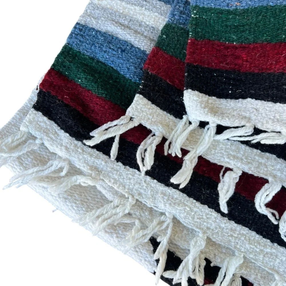 Mexican Woven Diamond Serape Fringed Blanket Rug Blue Red Green 46x71 GUC